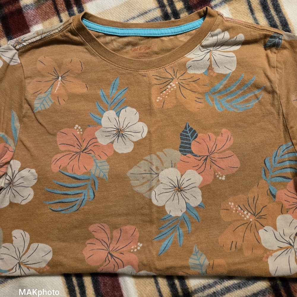 Boy's Floral Print Brown T-Shirt Size L 12-14